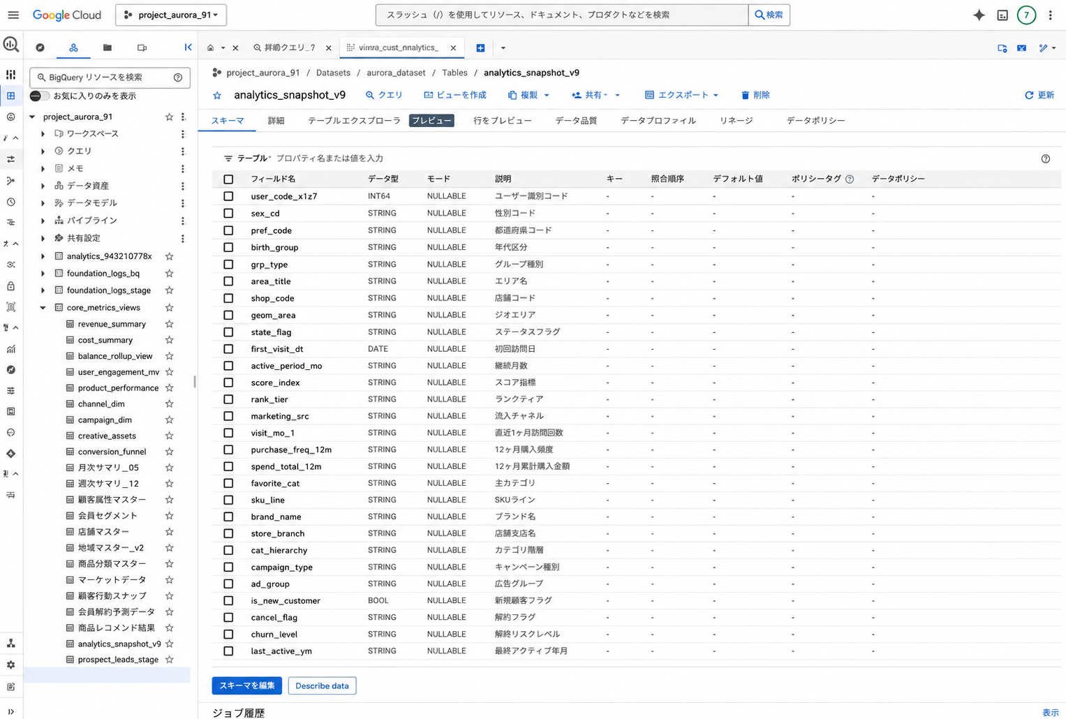 BigQuery 顧客スナップショット スキーマ